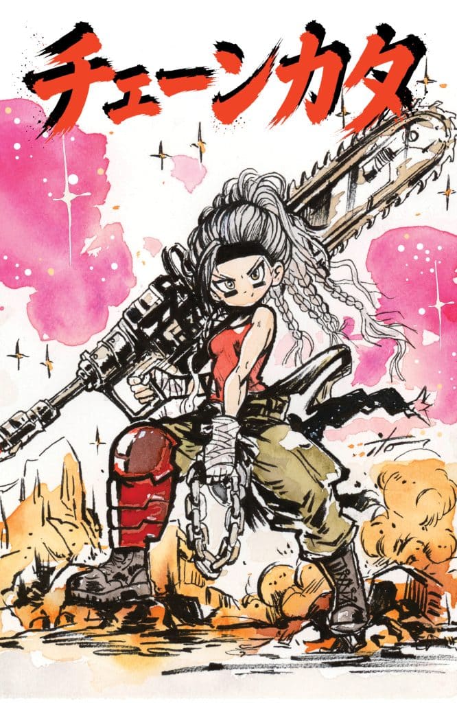 An anime-style illustration of a character wielding a chainsaw, dressed in a red top and green pants, with long hair and an intense expression, set against a colorful, cosmic background.