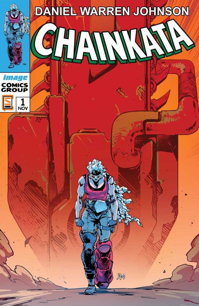Comic book cover of 'Chainkata' by Daniel Warren Johnson, featuring a muscular female character in a pink tank top and blue pants, walking towards the viewer against a backdrop of industrial pipes and vibrant colors.