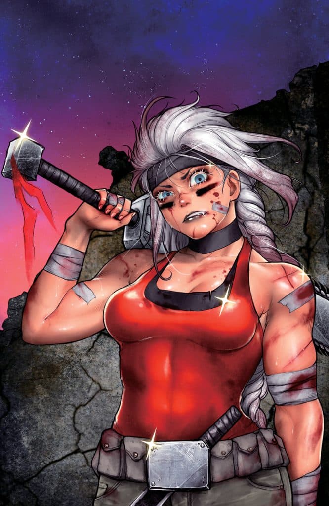 A fierce female character with long white hair and a red tank top, holding a battle hammer and displaying a determined expression. She has visible scratches and dirt on her face and arms, set against a colorful sunset backdrop.