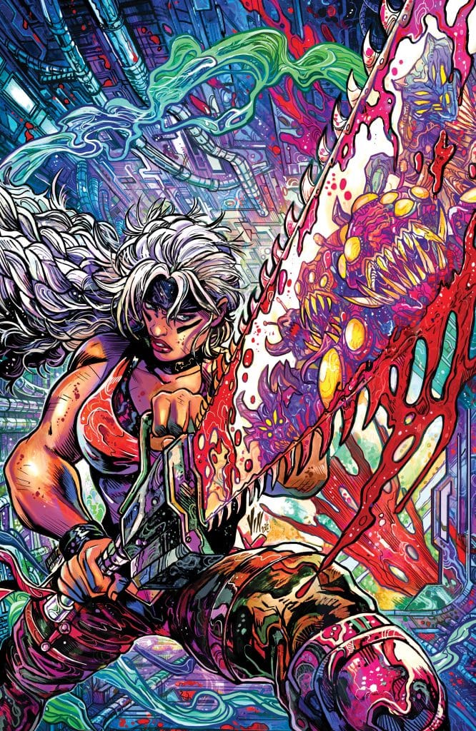 A fierce warrior with white hair wielding a chainsaw with vibrant, grotesque designs, surrounded by a colorful, sci-fi backdrop and dripping goo.