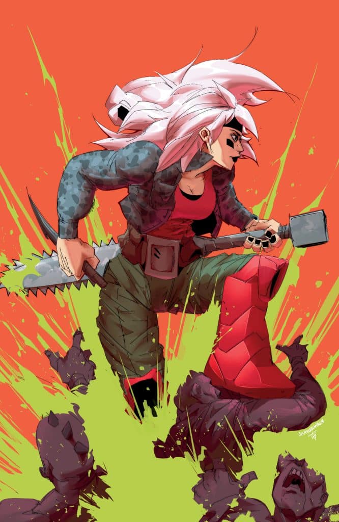 An animated character with long pink hair is leaping forward, wielding a chainsaw and hammer, amidst a splatter of green and dark figures in the background, against a bright orange backdrop.