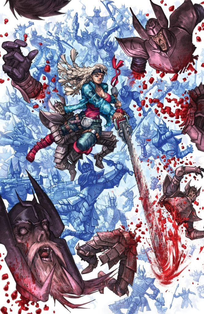 A dynamic comic book illustration featuring a fierce female character wielding a sword amidst a chaotic battle scene, with robotic enemies in the background and splashes of red, symbolizing combat.