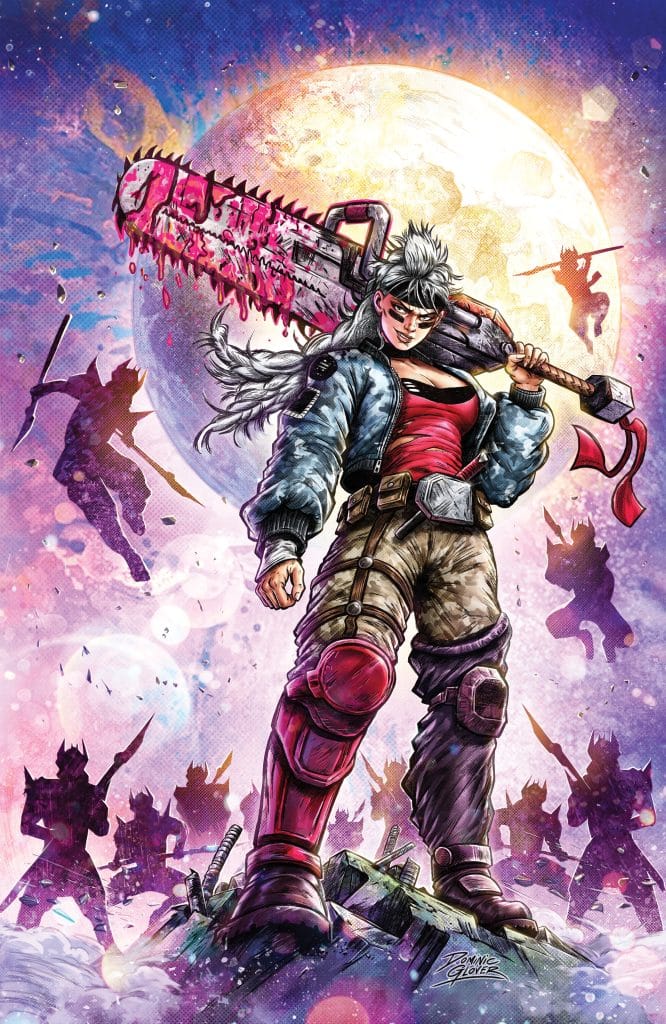 A fierce character stands confidently wielding a bloody chainsaw, set against a colorful cosmic background featuring a large moon. The character has spiky hair and is dressed in rugged clothing, with several shadowy figures in the background suggesting action.