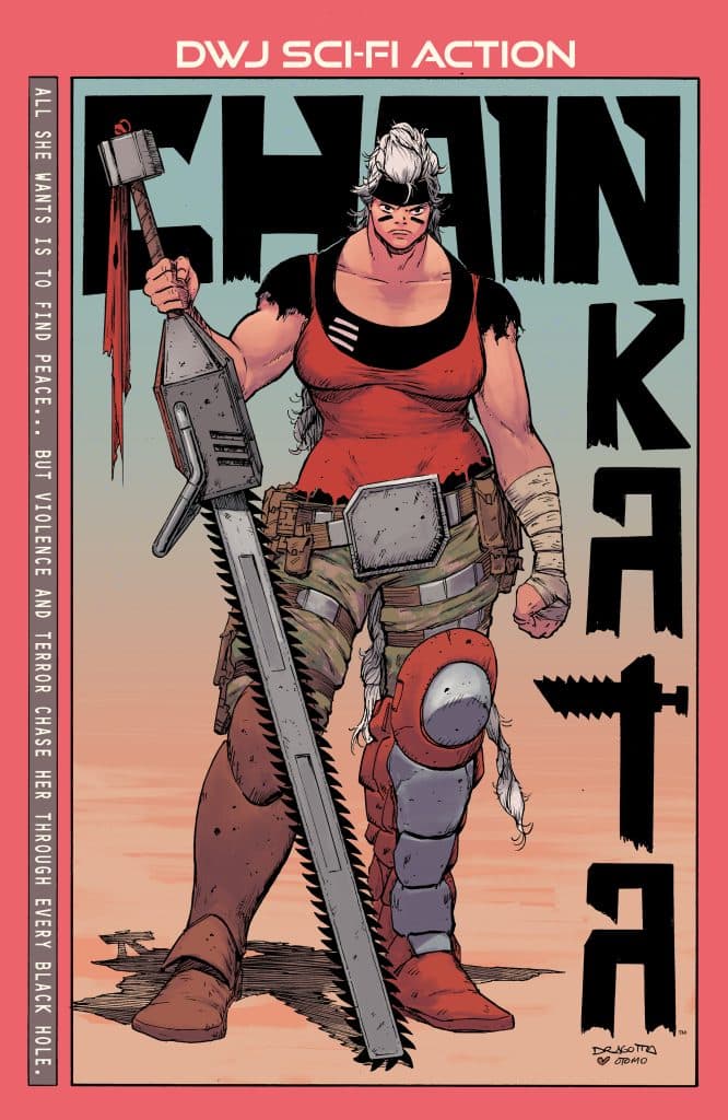 A fierce female character named Chain Katara stands confidently with a chainsaw weapon, portraying a sci-fi action theme. She is dressed in a torn shirt and rugged pants, with a tough demeanor and a determined expression.