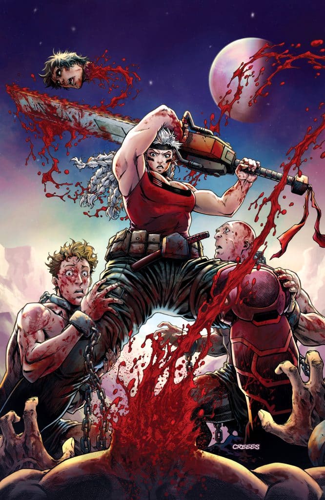 A muscular character wielding a chainsaw stands triumphantly, covered in blood, with severed heads in the background. Two terrified figures are being restrained, while a blood-splattered landscape and a distant planet set the scene.