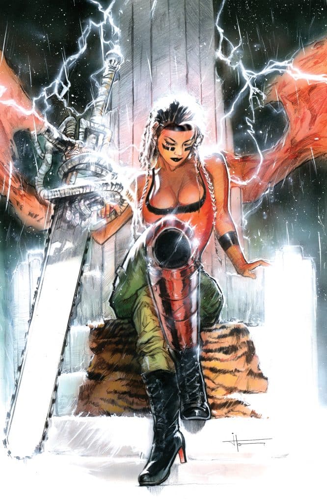 A powerful female character with a fierce expression, wearing a red top and military-style pants, holding a large sword and sitting on a throne made of tiger stripes. Lightning strikes in the background, adding a dramatic flair.