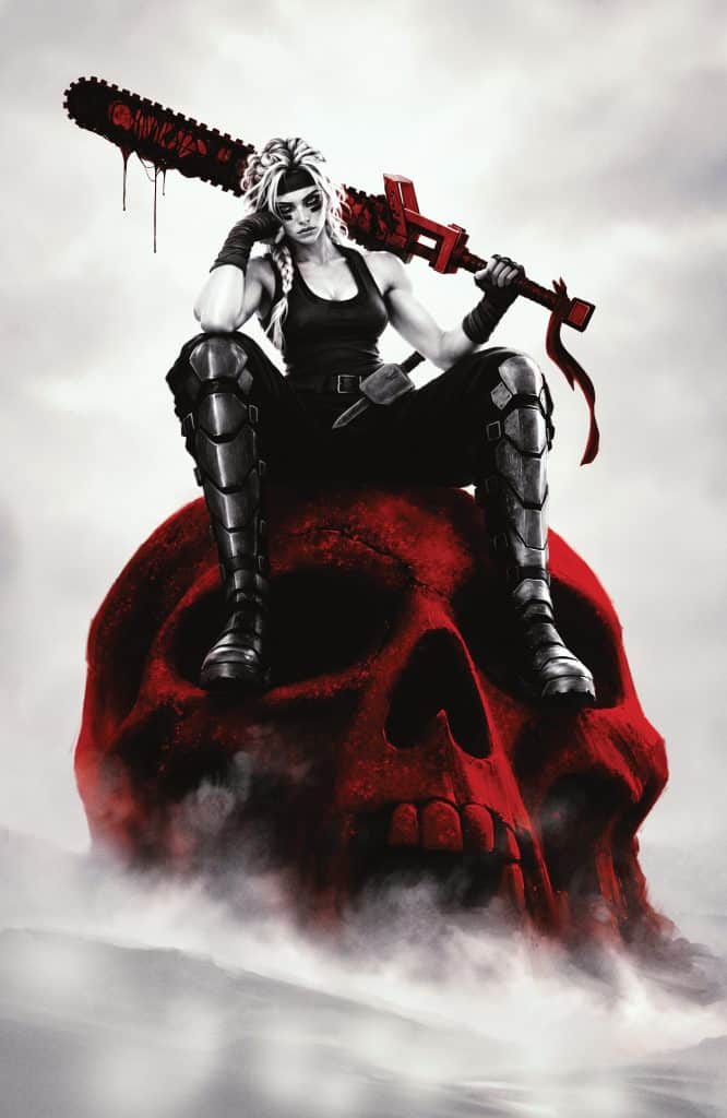 A female figure with braided hair, dressed in a black outfit, sits confidently on a large red skull, holding a bloodied chainsaw in one hand against a cloudy background.
