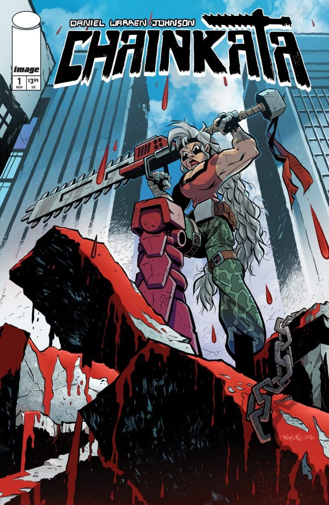 Comic book cover for 'Chainkata' featuring a muscular, silver-haired character wielding a chainsaw, standing on a bloodied rock formation with a dystopian city skyline in the background.