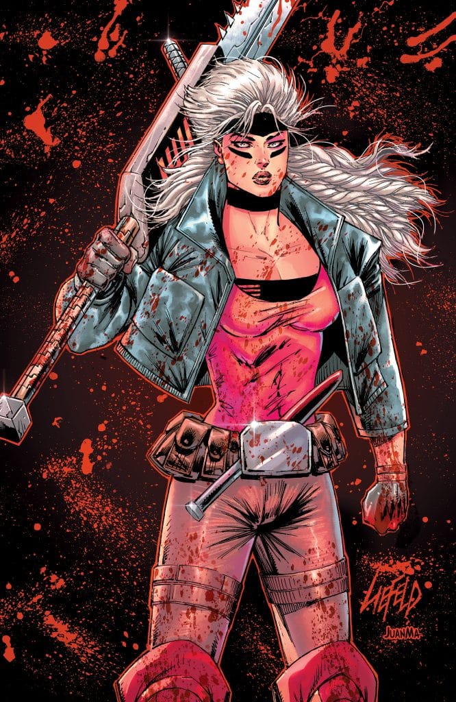 A fierce female character with long, wild white hair, wearing a black leather jacket and a pink top, holding a large weapon stained with blood, against a dark, splattered background.