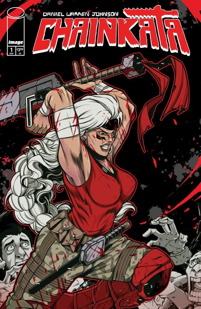 Comic book cover featuring a fierce female character brandishing a large weapon, with a blood-splattered background and shocked expressions from surrounding characters.