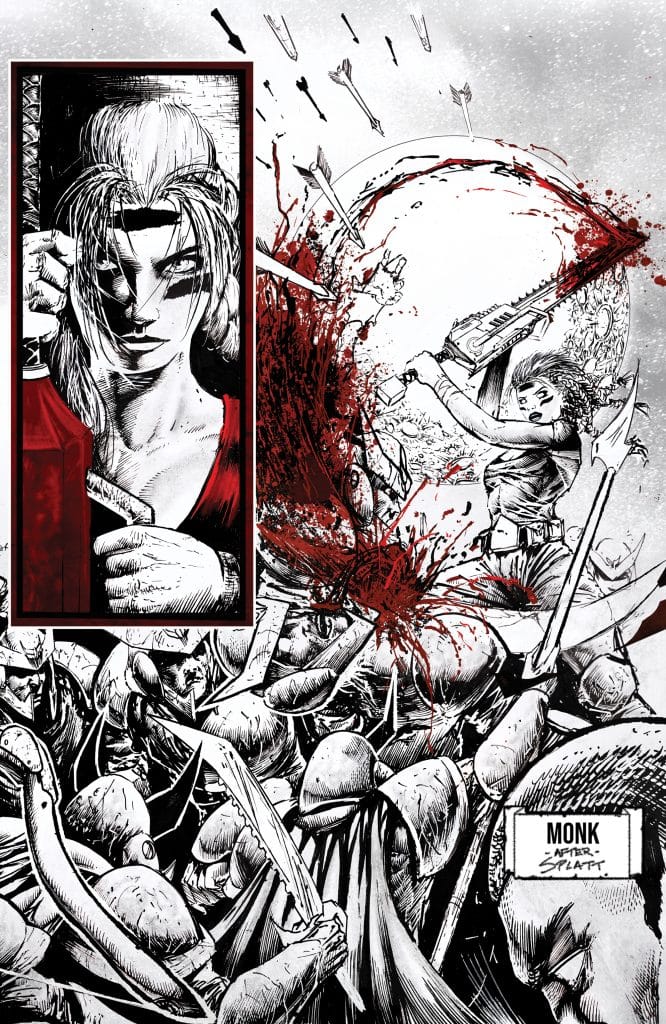 A dynamic comic book scene featuring a warrior with long hair and a red garment holding a weapon, surrounded by a chaotic battle with flying arrows and combatants. Blood splatters across the action as another combatant strikes in the fray.