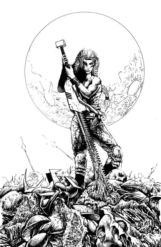 A fierce warrior stands triumphantly on a pile of defeated enemies, wielding a large chainsaw sword and a hammer, set against a large moon in the background.