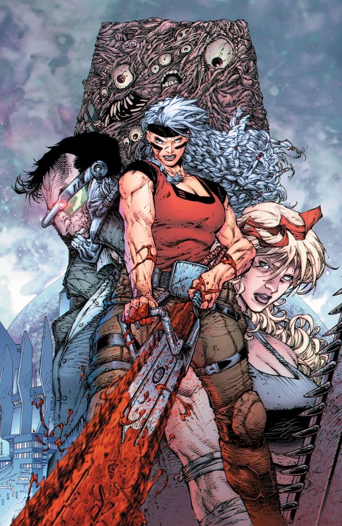 A dynamic comic book illustration featuring a muscular female character wielding a bloodied chainsaw, flanked by two other characters: one with a cybernetic eye and the other with long hair. The background features a grotesque monster covered in eyes, set in a dystopian landscape.