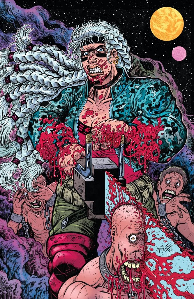 A character with long white hair and a bloody, fierce expression wields a chainsaw, surrounded by chained, terrified figures in a dark, cosmic background featuring two planets.
