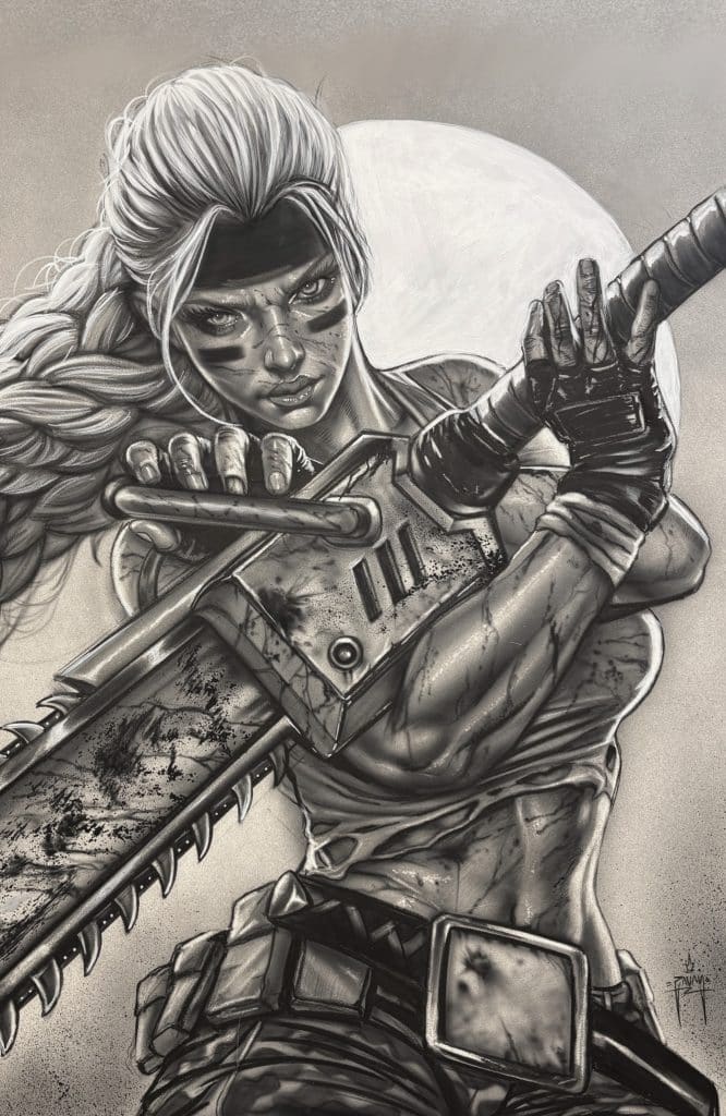 A muscular woman holding a chainsaw, with a fierce expression and battle scars, set against a grey background featuring a large, glowing moon.