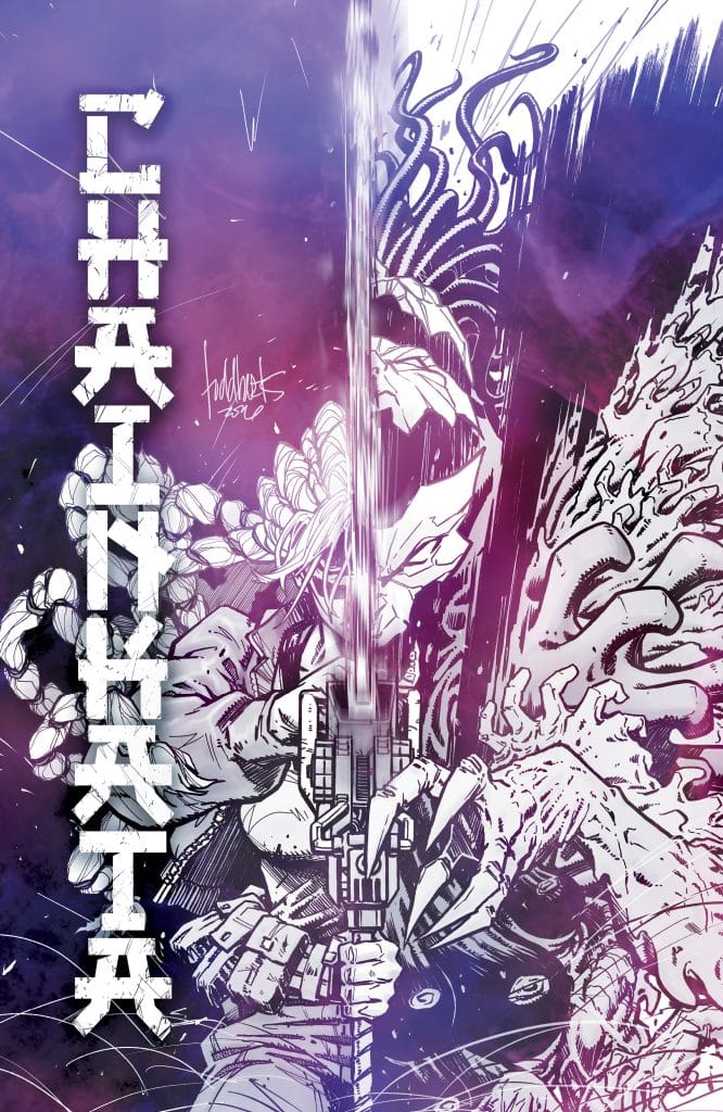 A dynamic comic book cover featuring a character with a futuristic weapon, striking a powerful pose against a vibrant purple and white background, with intricate designs and the title 'CHAJINKATA' positioned vertically alongside.