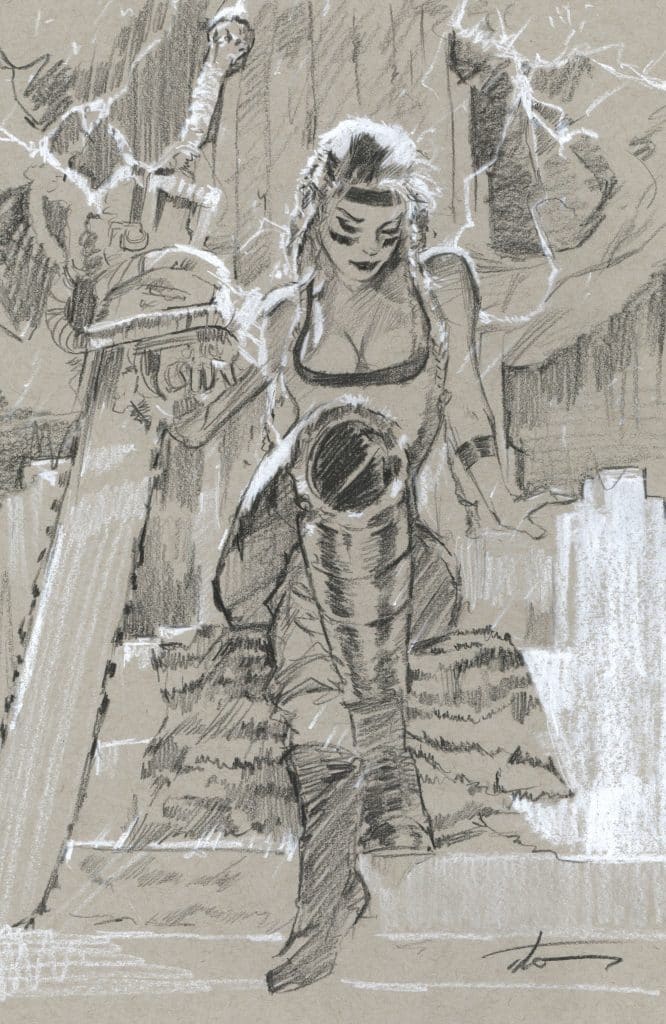A character with braided hair and a confident expression, holding a futuristic weapon, stands amidst a dramatic background with jagged lines suggesting energy or electricity.