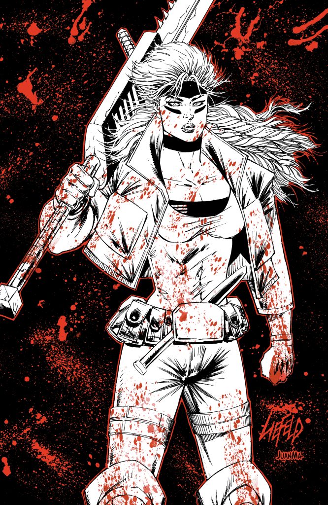 A fierce warrior character with long flowing hair, wielding a large sword, covered in blood splatters, set against a dark background with red splashes.