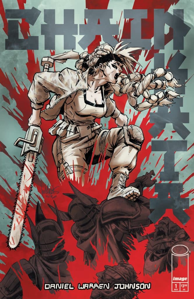 Comic book cover featuring a fierce female character wielding a chainsaw, shouting as she stands atop defeated armored figures, with a dynamic red and grey background.