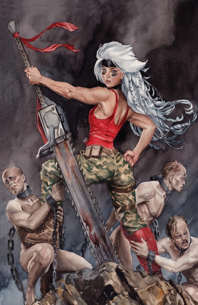 A powerful warrior woman with long, white hair holds a large chainsaw in a dramatic pose, standing atop a rocky surface. She wears a red tank top and camouflage pants, while three chained men in various states of distress are positioned at her feet, creating a dark and intense atmosphere.