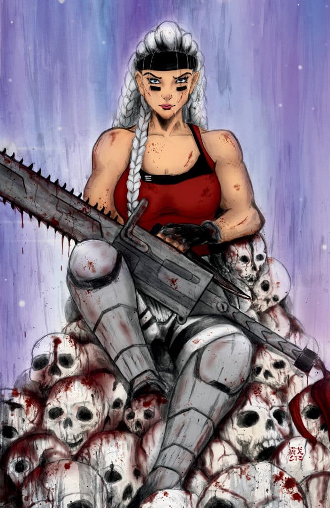 A muscular woman with braided silver hair sits on a pile of skulls, holding a chainsaw. She wears a red tank top and armored pants, with blood splatters on her skin and equipment, set against a purple background.