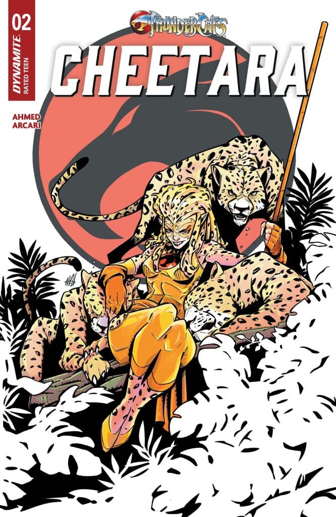 Comic book cover featuring Cheetara from Thundercats, sitting confidently amidst lush vegetation with her cheetah companions.