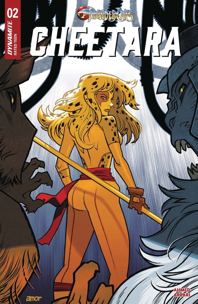 Comic book cover featuring Cheetara from ThunderCats, showcasing her in a dynamic pose with a staff, surrounded by shadowy figures.
