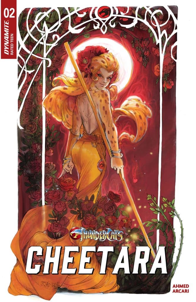 Illustration of Cheetara from Thundercats, featuring her with flowing hair and a staff, surrounded by red flowers and a bright circular background.