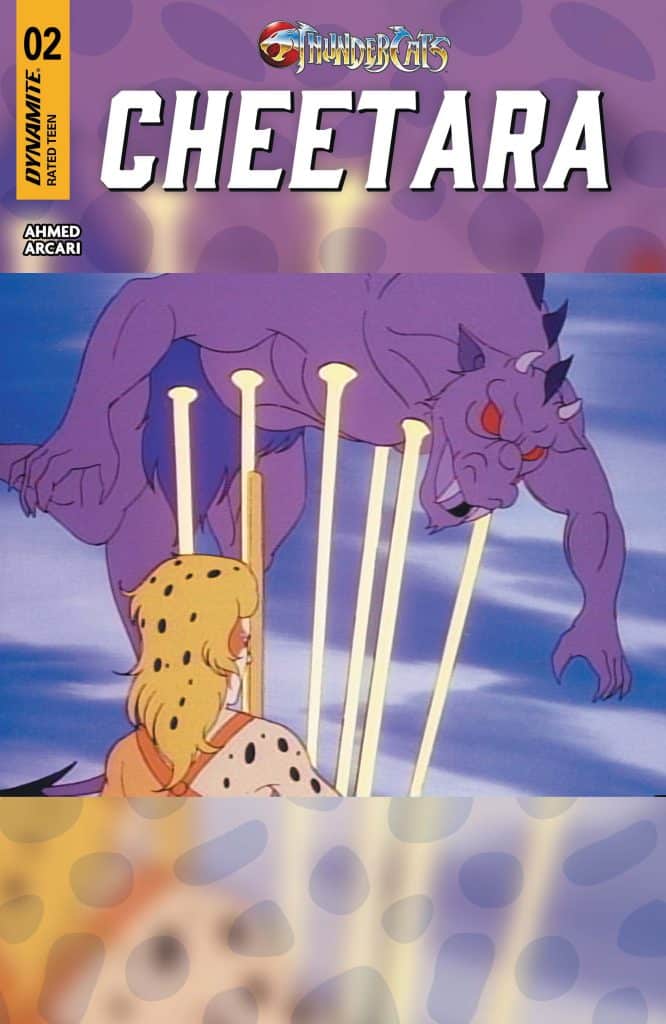 A scene from the animated series ThunderCats, featuring Cheetara facing a menacing purple creature with spears in the foreground.