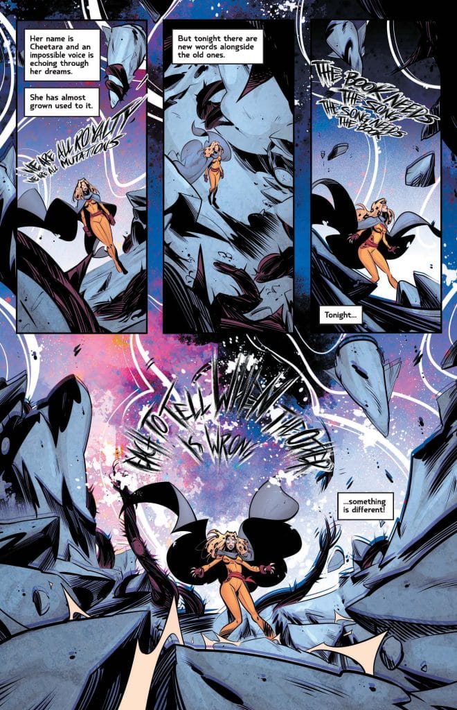 A comic book panel featuring a character named Cheetara, standing amidst fragmented rocks and abstract space background with vibrant colors. The text includes phrases about dreams and the presence of new words.