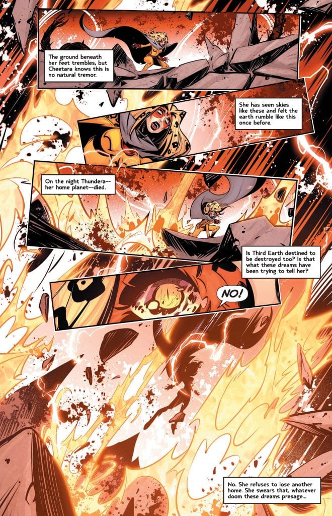 A dramatic comic panel depicting Cheetara experiencing a violent tremor, with fiery explosions and debris around her. She displays a worried expression as memories of her home planet, Thundera, fill her thoughts.