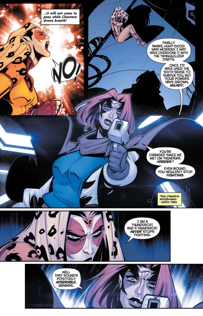 A comic book panel depicting a confrontation between two characters, one with blonde hair and a cheetah-themed outfit expressing anger, while the other, with darker hair, holds a tranquilizer gun. The background features dramatic lighting and action-oriented elements.