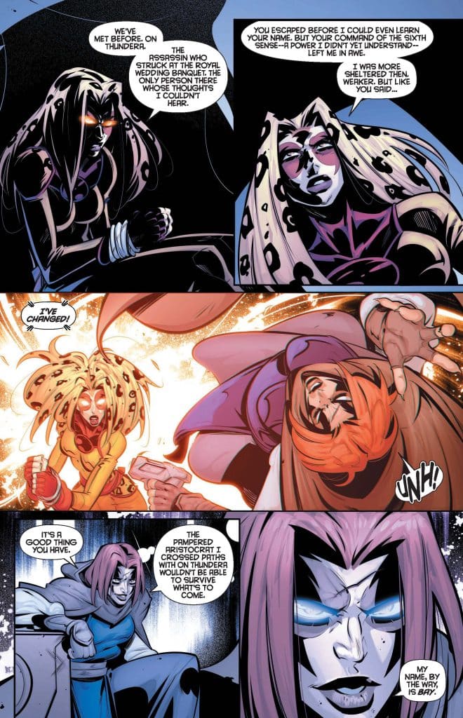 A comic book panel featuring four characters engaged in a conversation, with one character revealing her name. The scene has a dramatic tone with expressions showing tension and intensity.