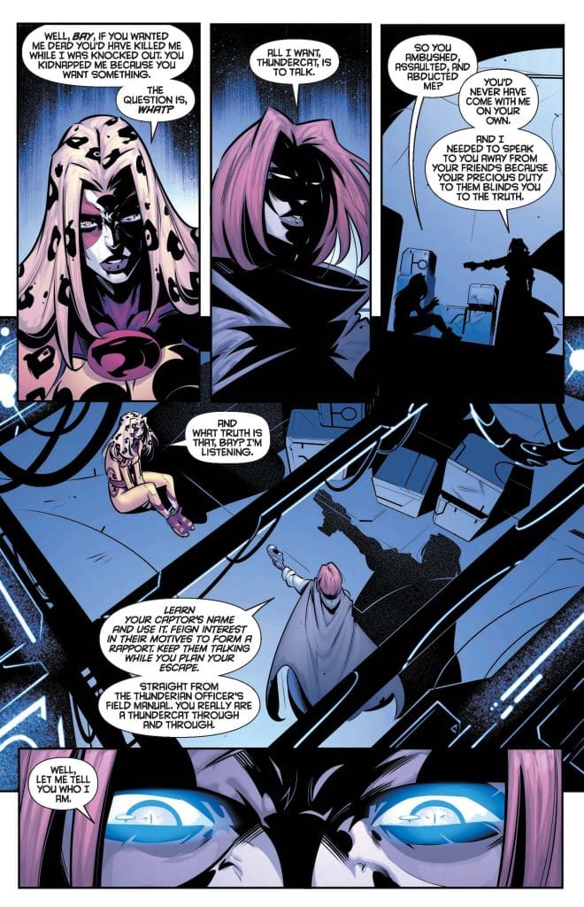 A comic book panel featuring two characters in a tense conversation. One character, with leopard print clothing and colorful makeup, confronts another, who wears a dark, hooded outfit. A third character is seen in the background, tied up and listening. The scene conveys themes of manipulation and escape.