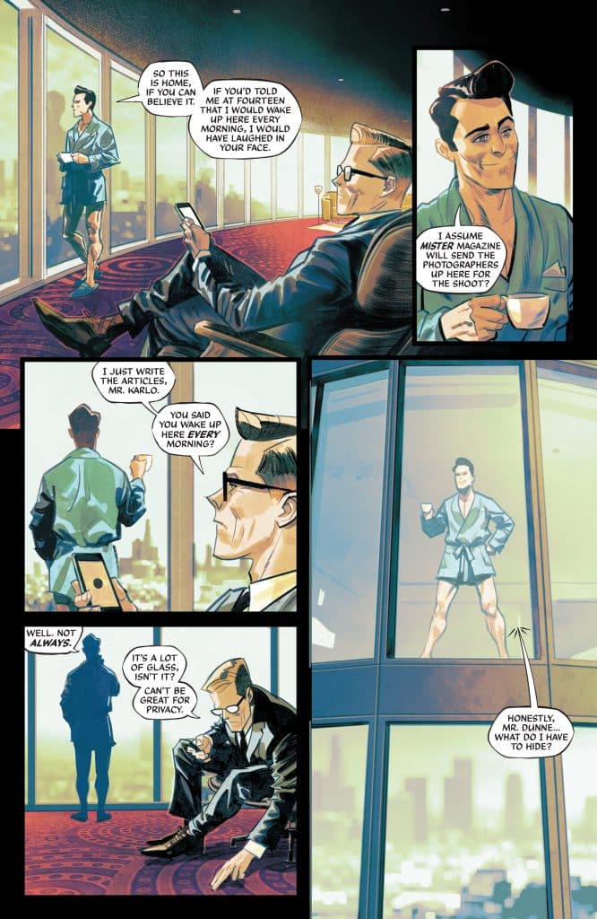 A comic panel depicting two men in a luxurious apartment with large windows overlooking a city skyline. One man, in a stylish suit, sits on a chair with a drink, while the other stands in a robe looking out the window. They discuss privacy and their lifestyle with an emphasis on humor.