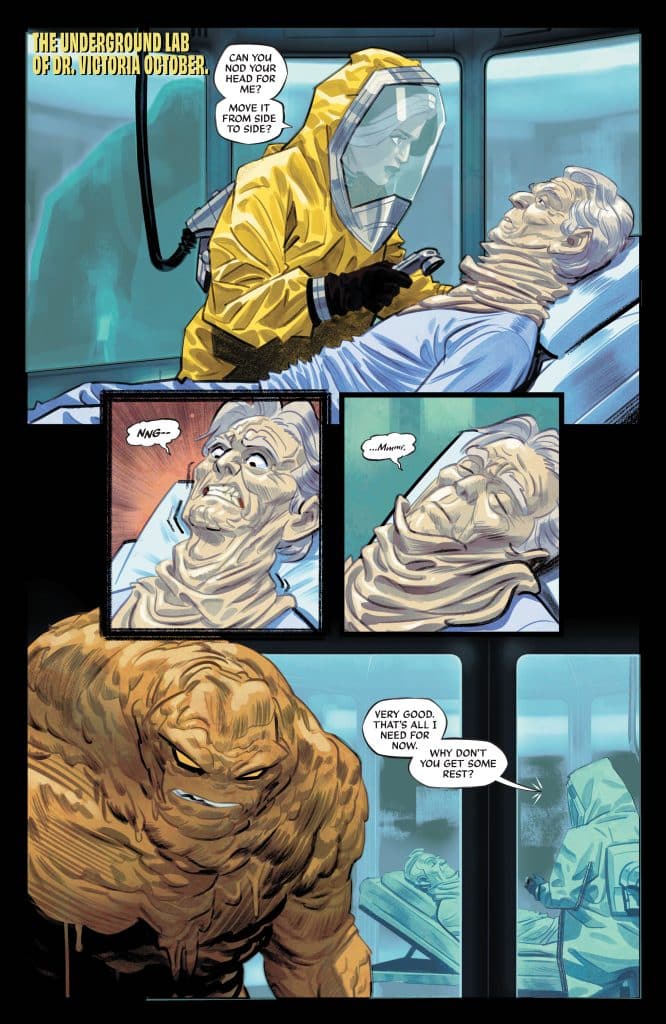 A scene in an underground lab featuring a masked figure in a yellow protective suit checking on a patient lying in a medical bed. The patient appears disoriented. Nearby, a large, rocky creature offers encouragement to the masked figure while observing the interaction.
