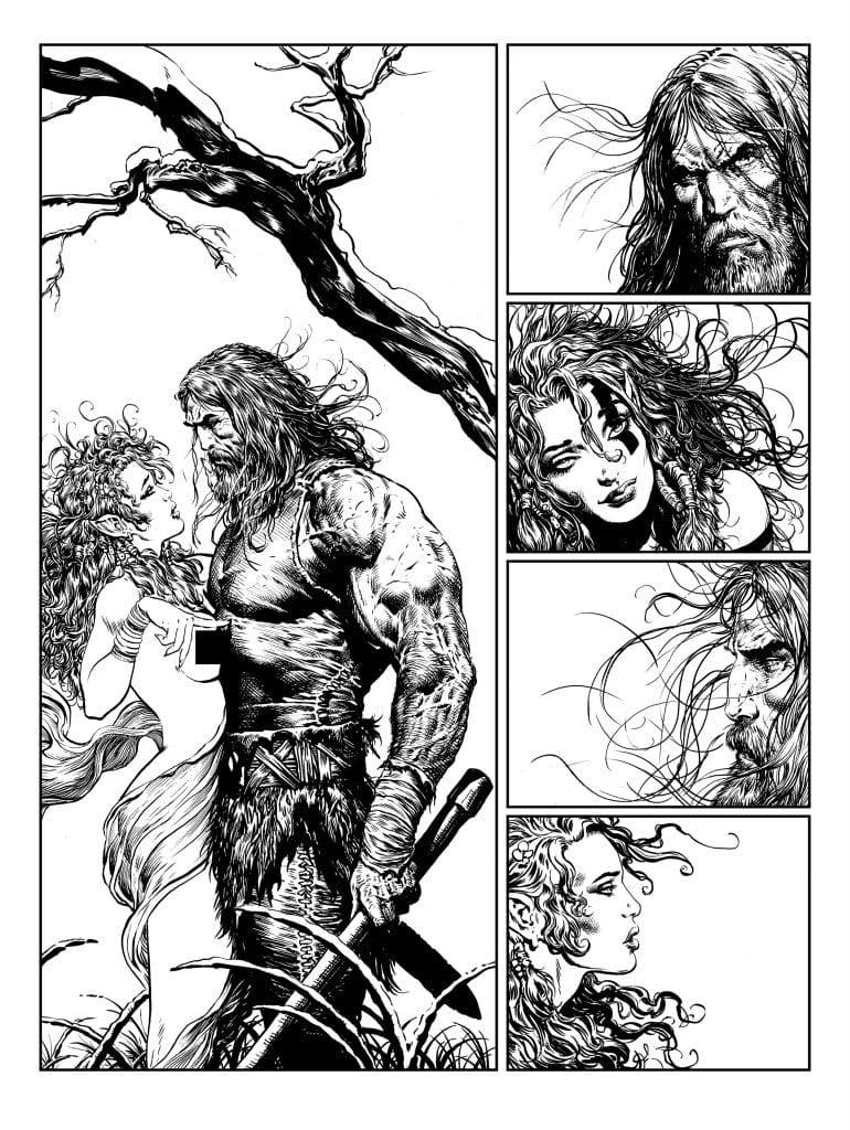 A black and white illustration depicting a muscular man with long hair and a sword, gazing lovingly at a woman in a flowing dress. The scene is set in a nature-inspired background with a tree branch visible. Several smaller panels include close-up expressions of the characters.