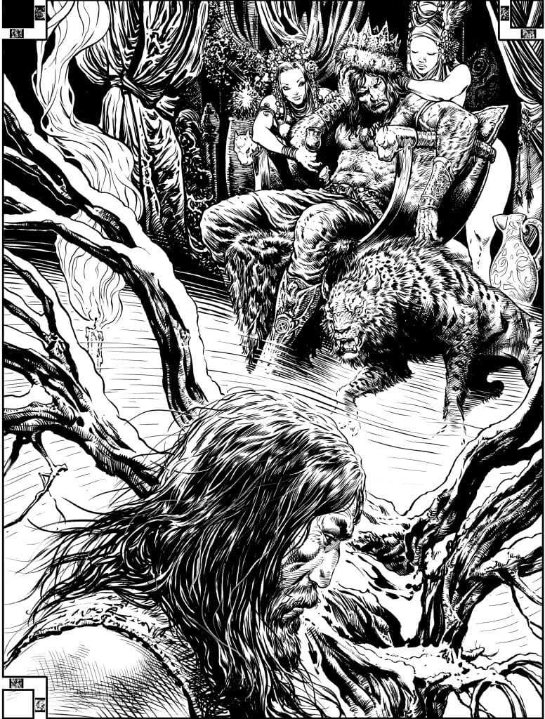 A dramatic black and white illustration featuring a muscular king seated on a throne, adorned with a crown. Two women, one with a floral wreath and the other behind the king, are in close proximity. In the foreground, a somber man with long hair looks down, while a stylized lion rests near the throne, surrounded by twisted branches.