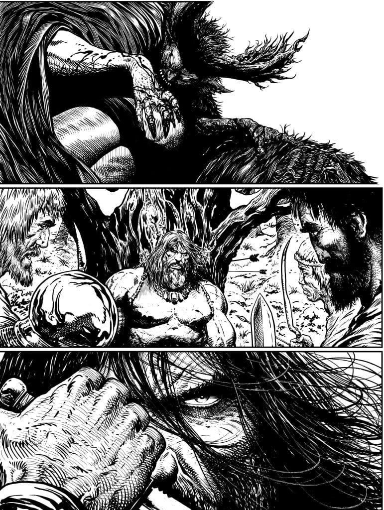 A detailed black and white illustration featuring a mythical figure with horns and a cape, a scene depicting muscular warriors in an intense confrontation, and a close-up of a determined face revealing emotions of anger and focus.