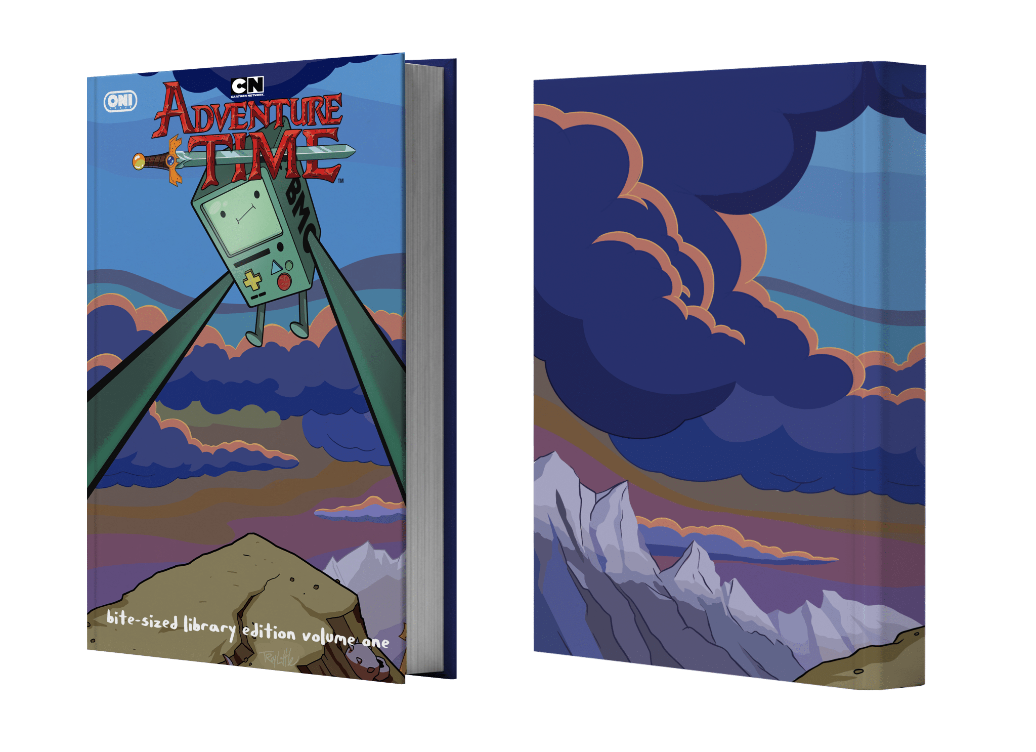 A 3D rendered cover of 'Adventure Time: Bite-Sized Library Edition Volume One' featuring a cartoonish character resembling a game console against a backdrop of stylized clouds and mountains.