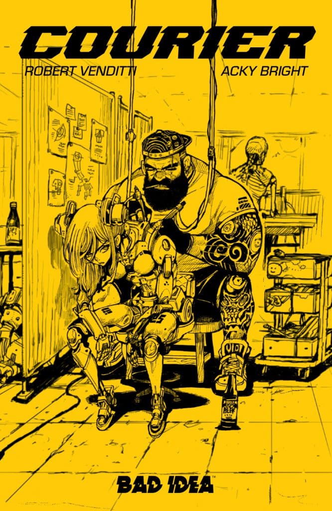 A comic book cover featuring a muscular man with a beard holding a robotic girl with an expressive face, sitting together in a gritty, urban setting. The backdrop includes posters and bottles, with a bold title 'COURIER' at the top and the words 'BAD IDEA' at the bottom.