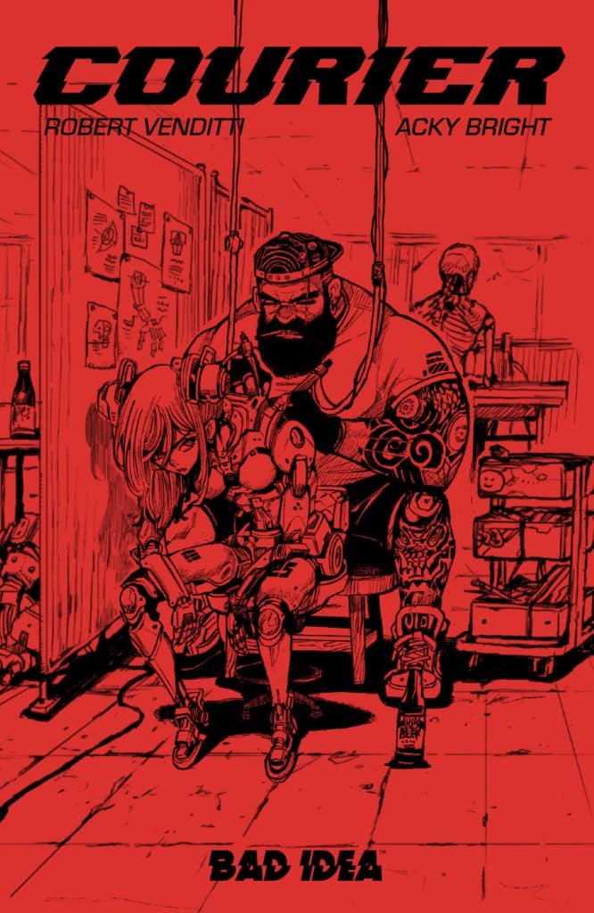 Cover art for the comic 'Courier' by Robert Venditti and Acky Bright, featuring a muscular man with tattoos and a girl with robotic limbs in a stylized red and black design.