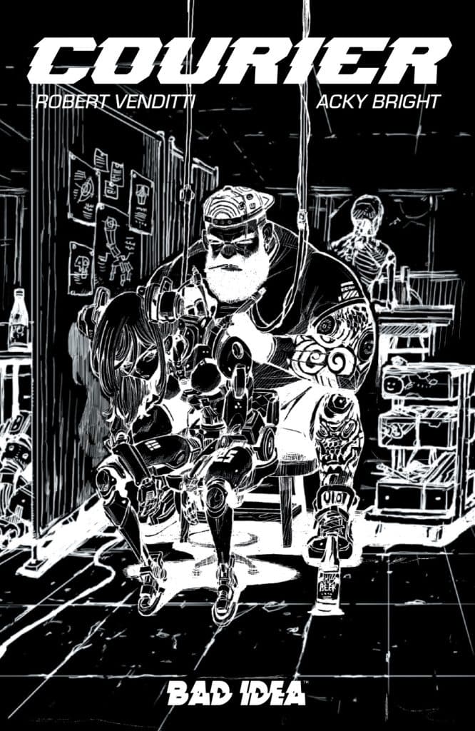 Black and white comic book cover featuring the title 'COURIER' with the names of creators Robert Venditti and Acky Bright. The illustration depicts a muscular character working on a robotic figure, set in an industrial environment with various objects in the background.