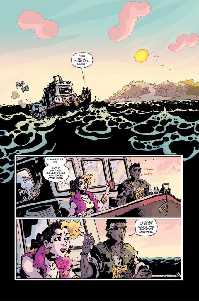 A boat sailing on open water under a sunset, with two characters inside discussing a potential meeting with someone. One character expresses skepticism, while the other shows determination. The scene captures a moment of contemplation and tension.