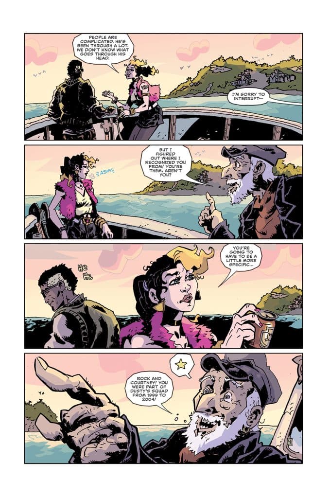 A comic panel depicting three characters on a boat. One character, wearing a vest, speaks to a young woman with a pink jacket and shoulder tattoos, while an older man with a beard and a cap gestures animatedly. The background features a serene seascape with islands.