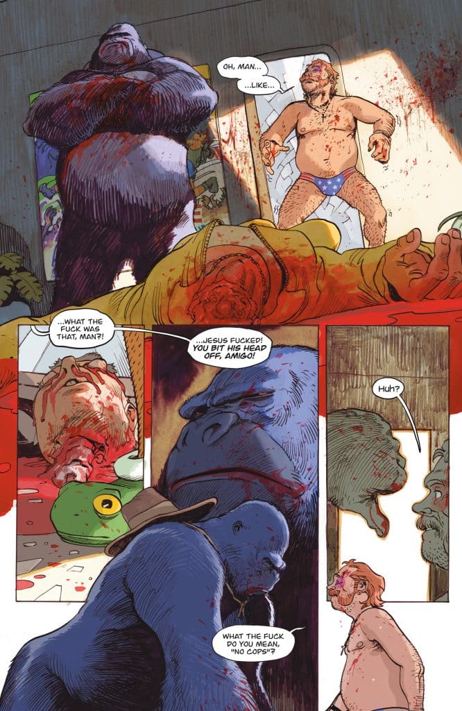 A chaotic comic panel depicting an oversized gorilla and a man in underwear surrounded by blood and chaos, with dialogue bubbles expressing shock and confusion.