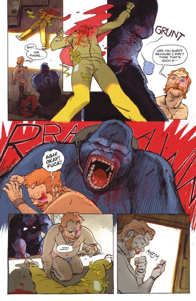 Comic page featuring a chaotic scene with a figure in a yellow suit being attacked by a large, aggressive creature while another character reacts in shock. Speech bubbles convey exclamations and dialogue, emphasizing the tension and urgency.