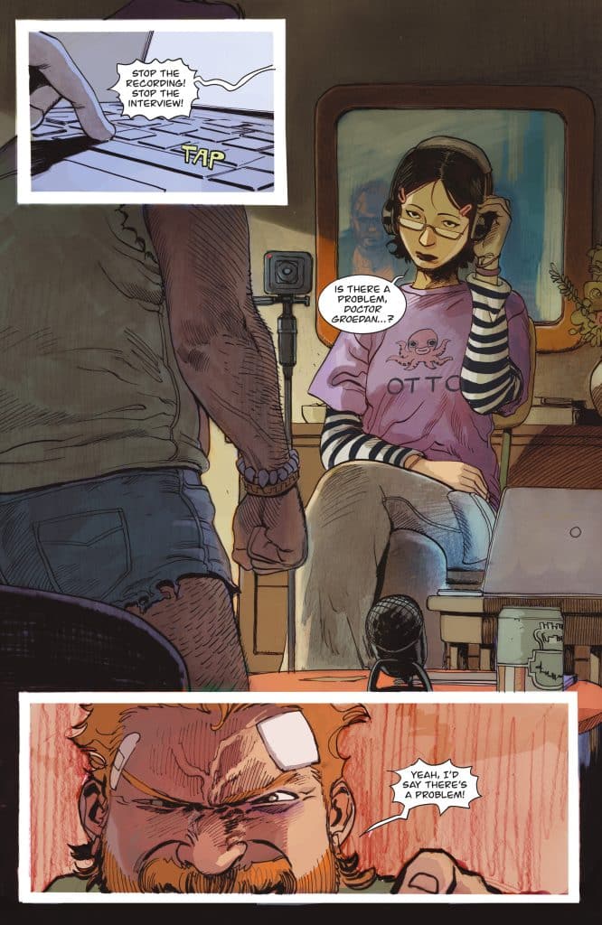 A tense scene featuring a woman wearing headphones and a T-shirt with an octopus design, sitting in front of a laptop. A man, with a bandage on his forehead, stands close by looking frustrated. Speech bubbles indicate a heated conversation about stopping a recording.