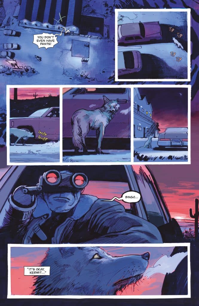Comic page depicting a nighttime scene with a man in a car wearing goggles, looking at a wolf outside. The wolf appears calm while the man speaks, and there are various vehicles and a building in the background under a colorful sunset sky.