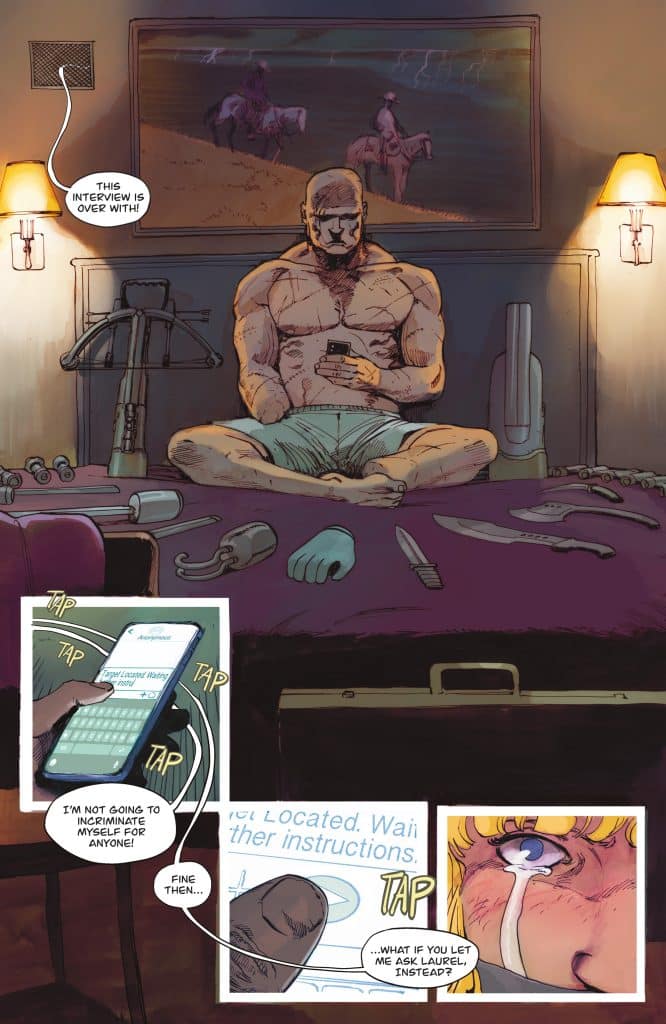A muscular man sitting cross-legged on a table, looking at his phone with a frustrated expression. Surrounding him are various tools and a case. In the background, there is a painting of two cowboys riding horses during a storm. Speech bubbles indicate a tense conversation about an interview.